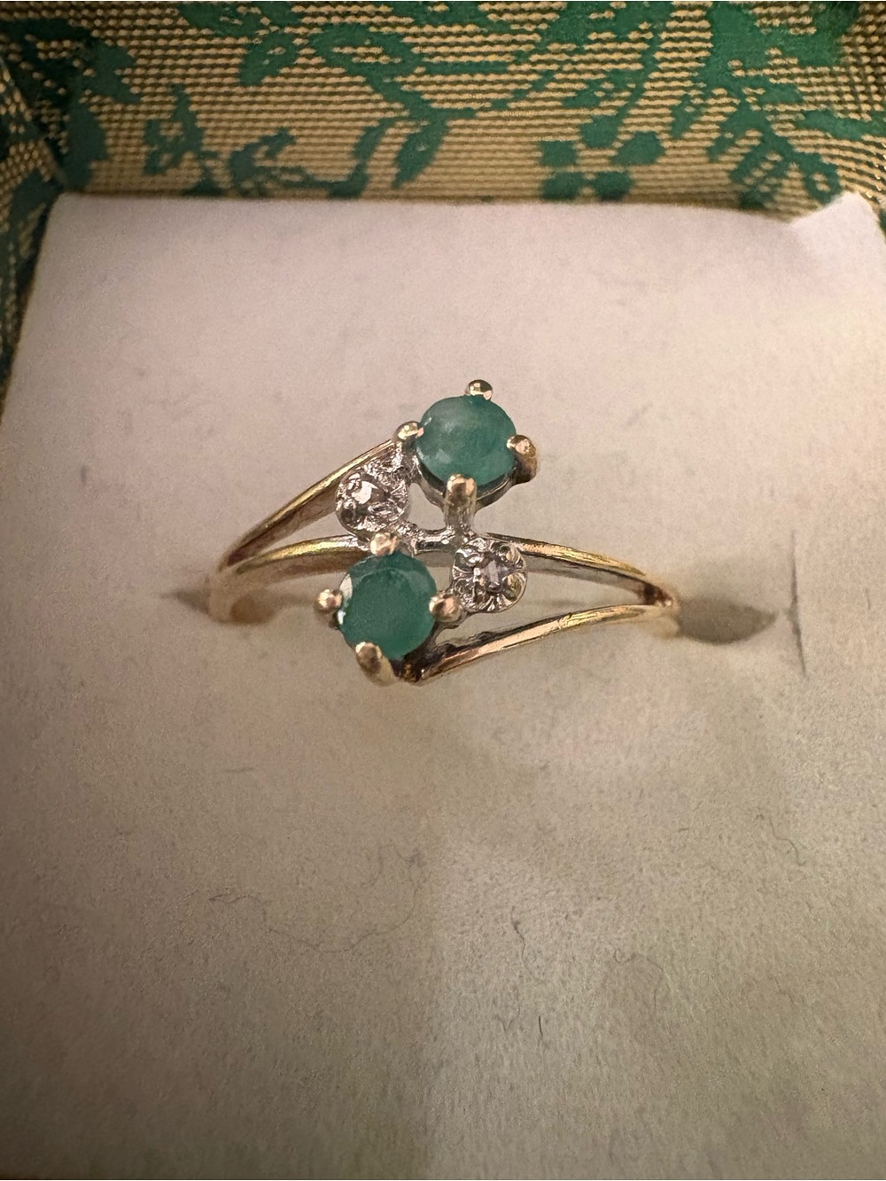 Delicate 10k Yellow Gold Ring with Green Gemstones for Women - Picture 2 of 5